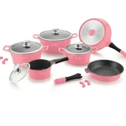 Pannenset 14-delig marmeren coating roze