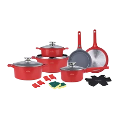 Pannenset 19-delig marmeren coating rood