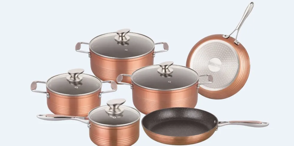 Pannenset marmeren coating 10-delig koper