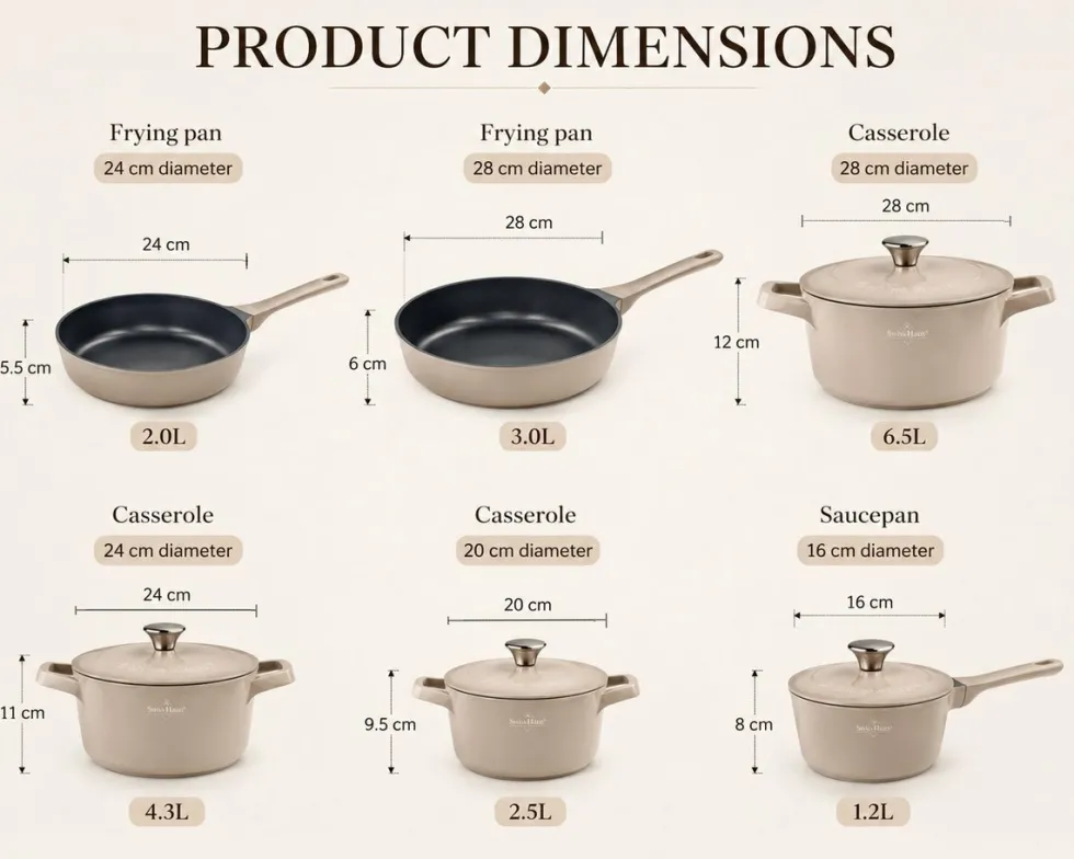 Pannenset marmeren coating 17-delig creme Creuset Swiss-Haus