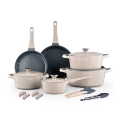 Pannenset marmeren coating 17-delig creme Creuset Swiss-Haus