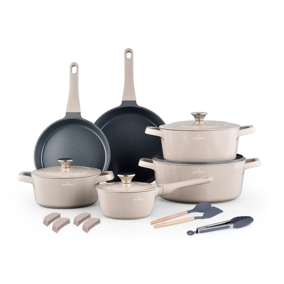 Pannenset marmeren coating 17-delig creme Creuset Swiss-Haus