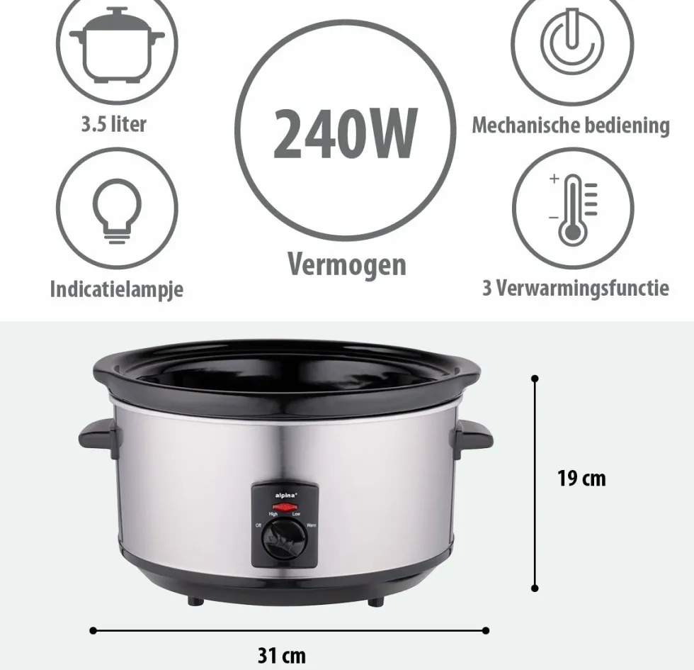 Slowcooker 6 liter RVS keramische binnenpan Royalty Line